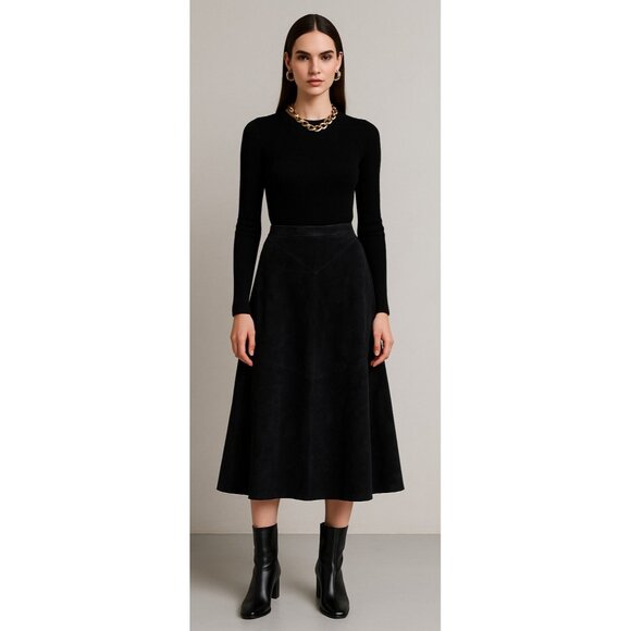 Casual Corner 100% Genuine Leather Black A-Line Skirt Women’s Sze10 Vintage Midi - Picture 1 of 11